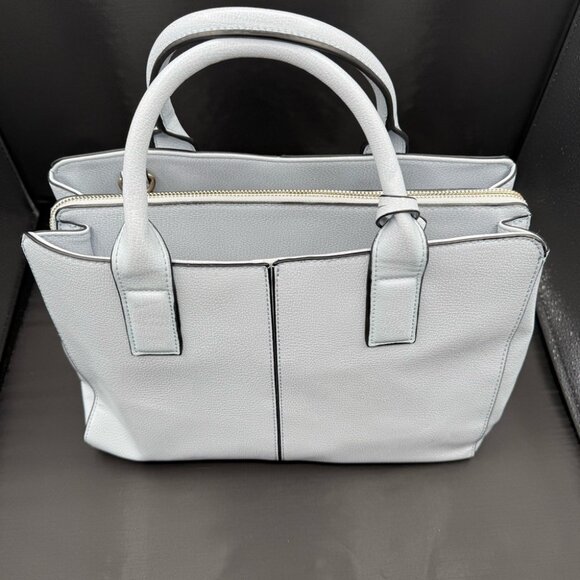 Gray Faux Leather Tote Handbag With Dual Handles & Gold Zipper Closure - Picture 2 of 12